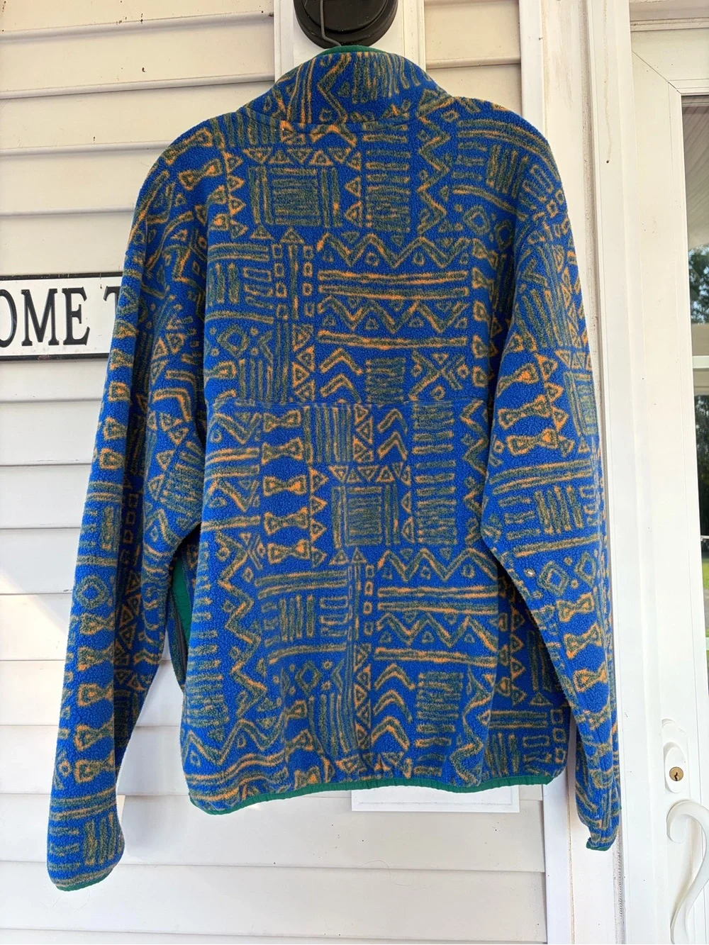 L.L. Bean Men’s Blue, Gold & Green Patterned Fleece Snap Pullover